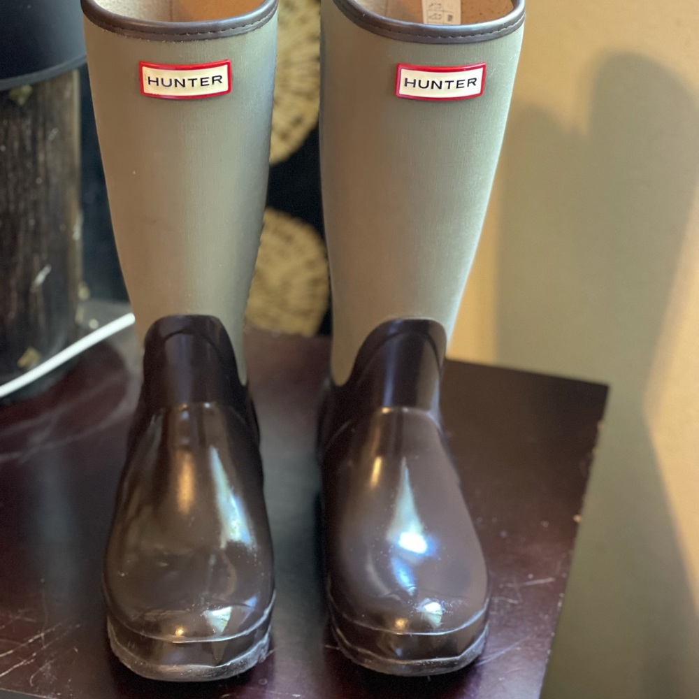 Hunter Olive and Brown Tall Waterproof Rain Boots